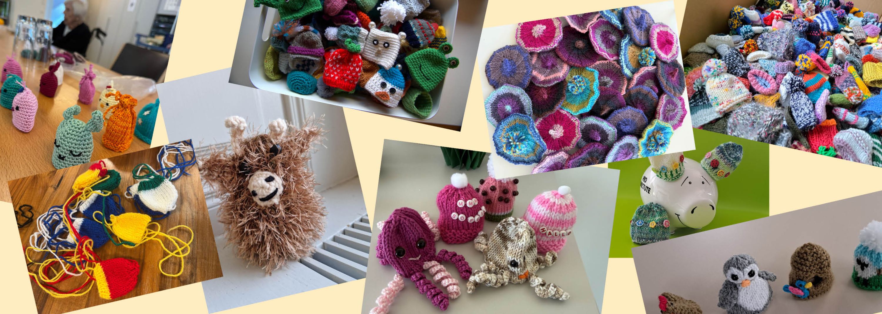 Bild mit vielen verschiedenen Mützchenformen. Eine Kuh, ein Octopus etc.